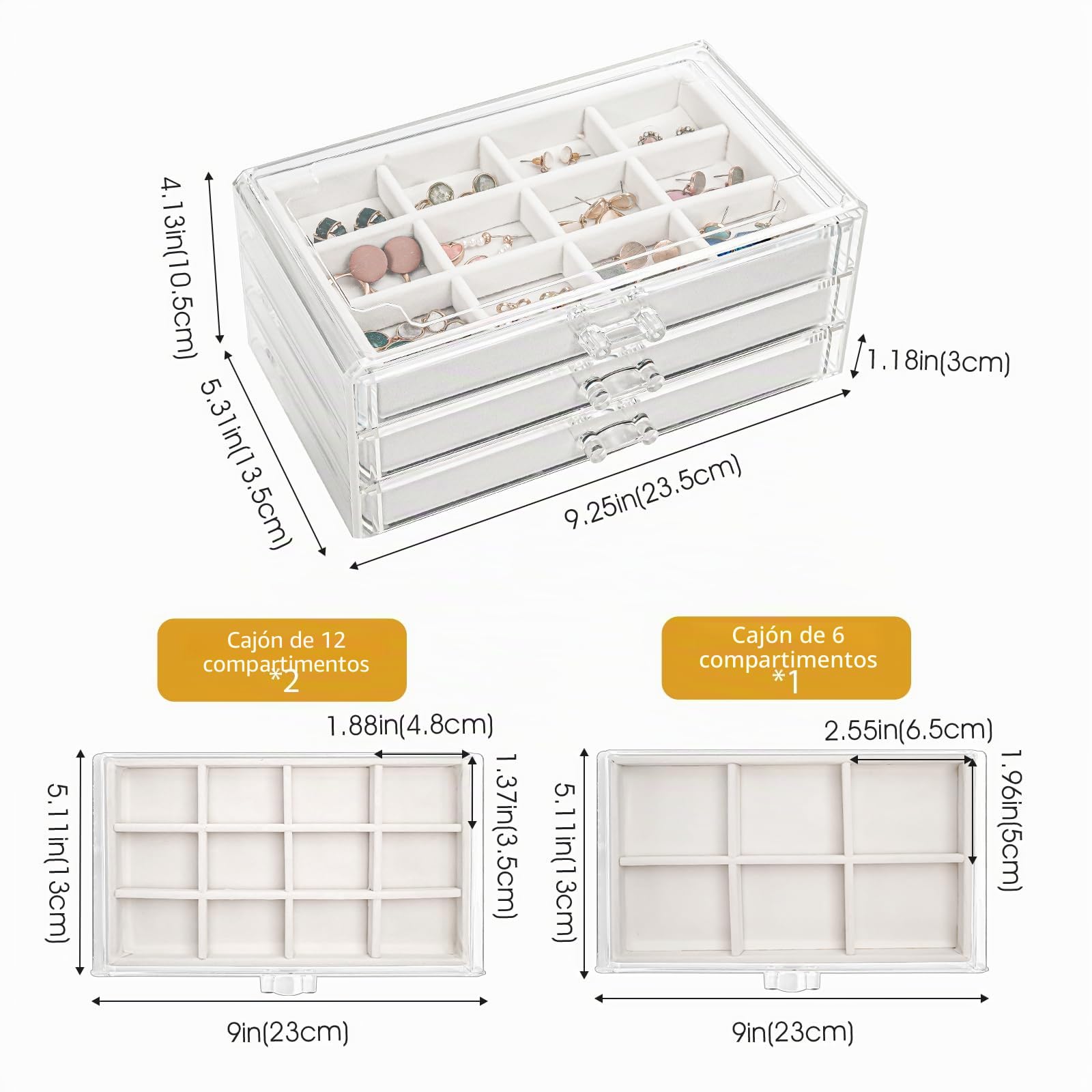 ProCase Organizador para Joyas de Acrílico, Bandeja de Joyas con 3 Cajones Exhibición Transparente de Pendientes, Collares, Anillos para Mujeres y Chicas -Blanco Cálido