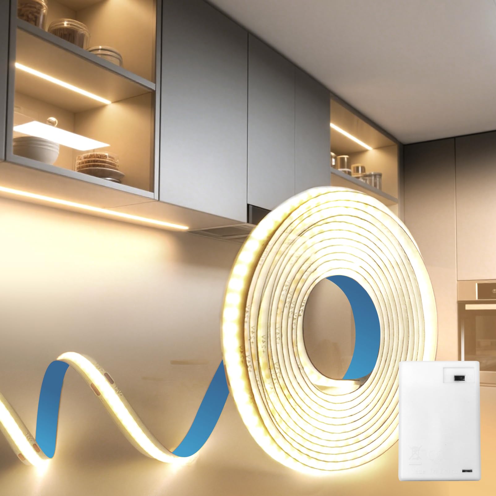 BRIMETI LED Streifen Batterie 1M LED Strip COB Neutralweiß 4000K Batteriebetrieben 320LEDs/M 5V Selbstklebend Flexibel Lichtband DIY für Zuhause Beleuchtung Küche Schlafzimmer Schränke Treppen
