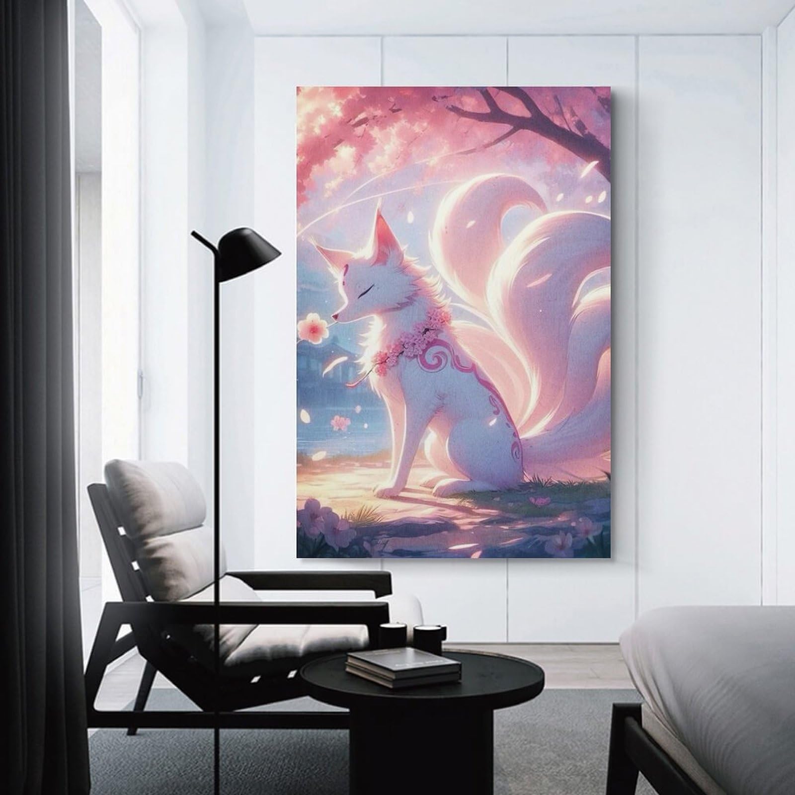 Junmoney Wall Picture Print Nine-tailed Fox Cherry Blossom, 24x36inch(60x90cm), for Wall Displays, Bedrooms Or Room Updates, Wall Decor Suited to Curated Displays