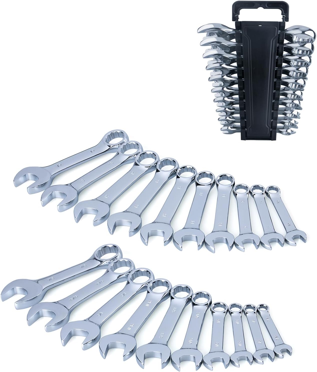 20-Piece Metric and SAE Premium Stubby Combination Wrench Set with Storage Rack | Metric 10mm to 19mm, SAE 5/16” to 7/8”, No Skipped Size | Cr-V Steel, Mirror Chrome Finish, Short Length and Slim Body