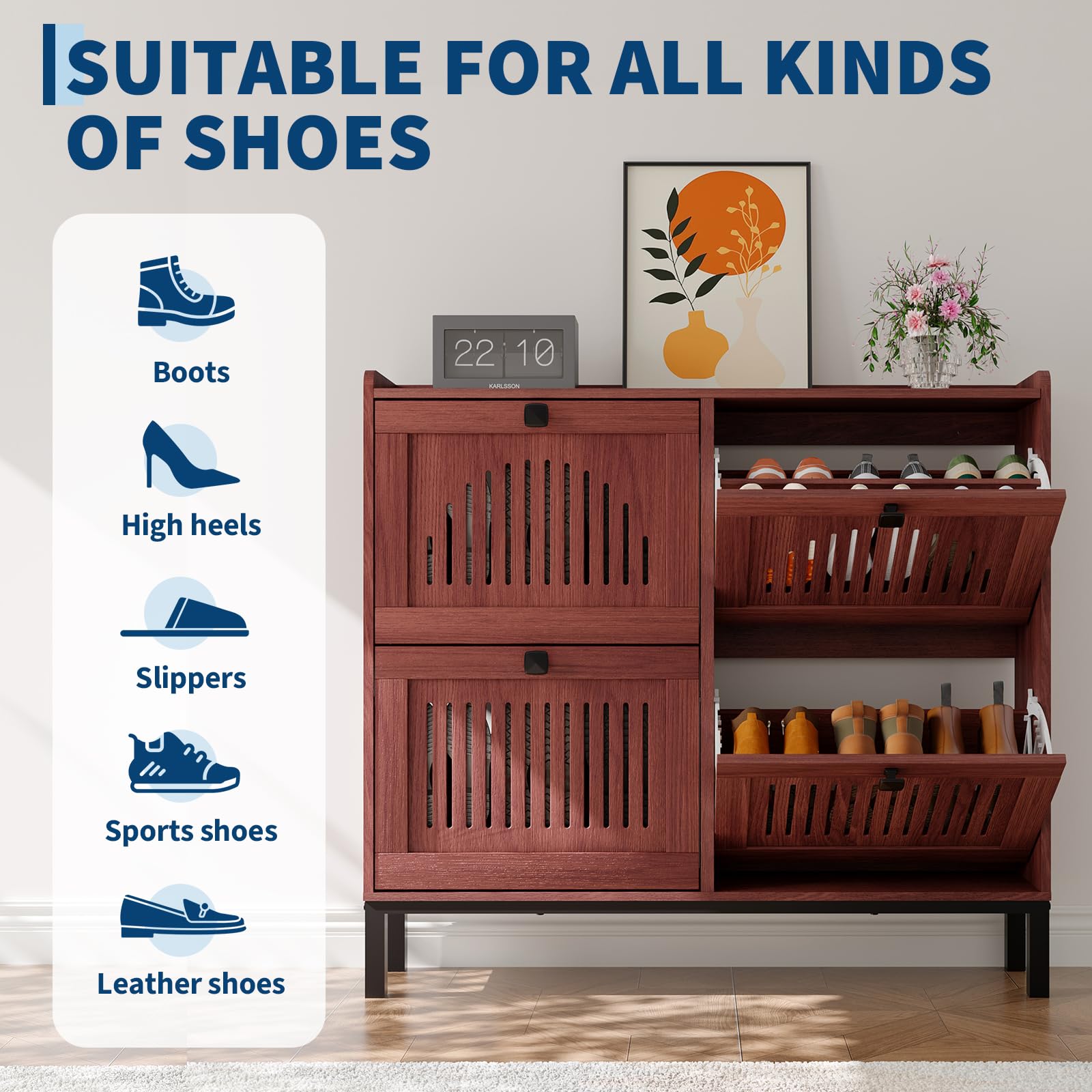 Schmaler Schuhschrank mit 4 Klappfächern - verstellbare Einlegeböden - Kippschutz - belüftete Front - großer Stauraum, freistehend für Flur/Diele - Farbe: Walnut