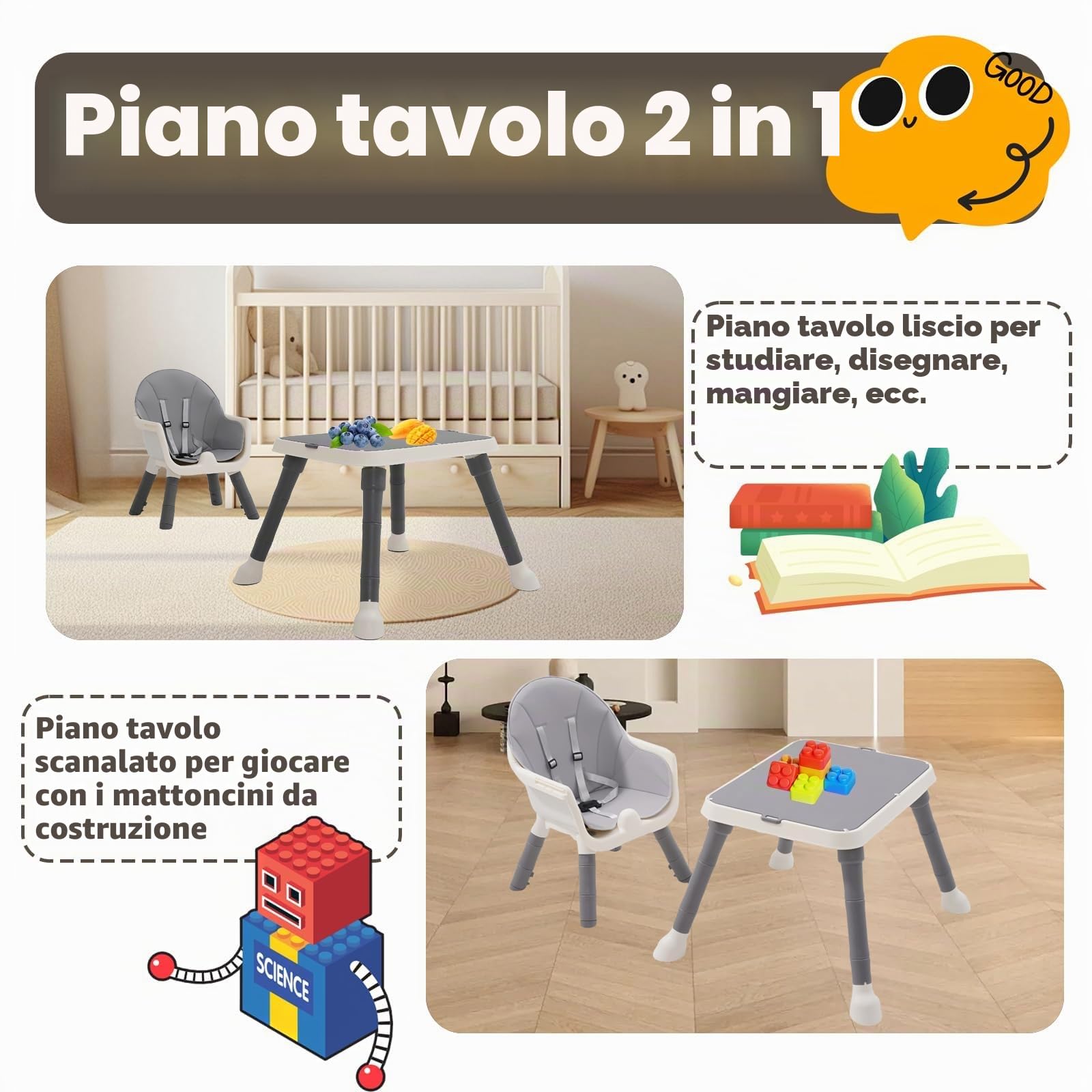 Seggiolone 7 in 1 per bambini, con tavolo da pranzo, poggiapiedi, cesto, cintura di sicurezza e doppio vassoio rimovibile, per bambini a partire dai 6 mesi (grigio)