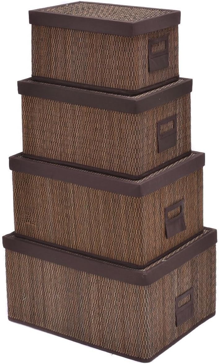 Bamboo Storage Baskets Folding Nesting Rectangular Organizer w/Lids - set of 4