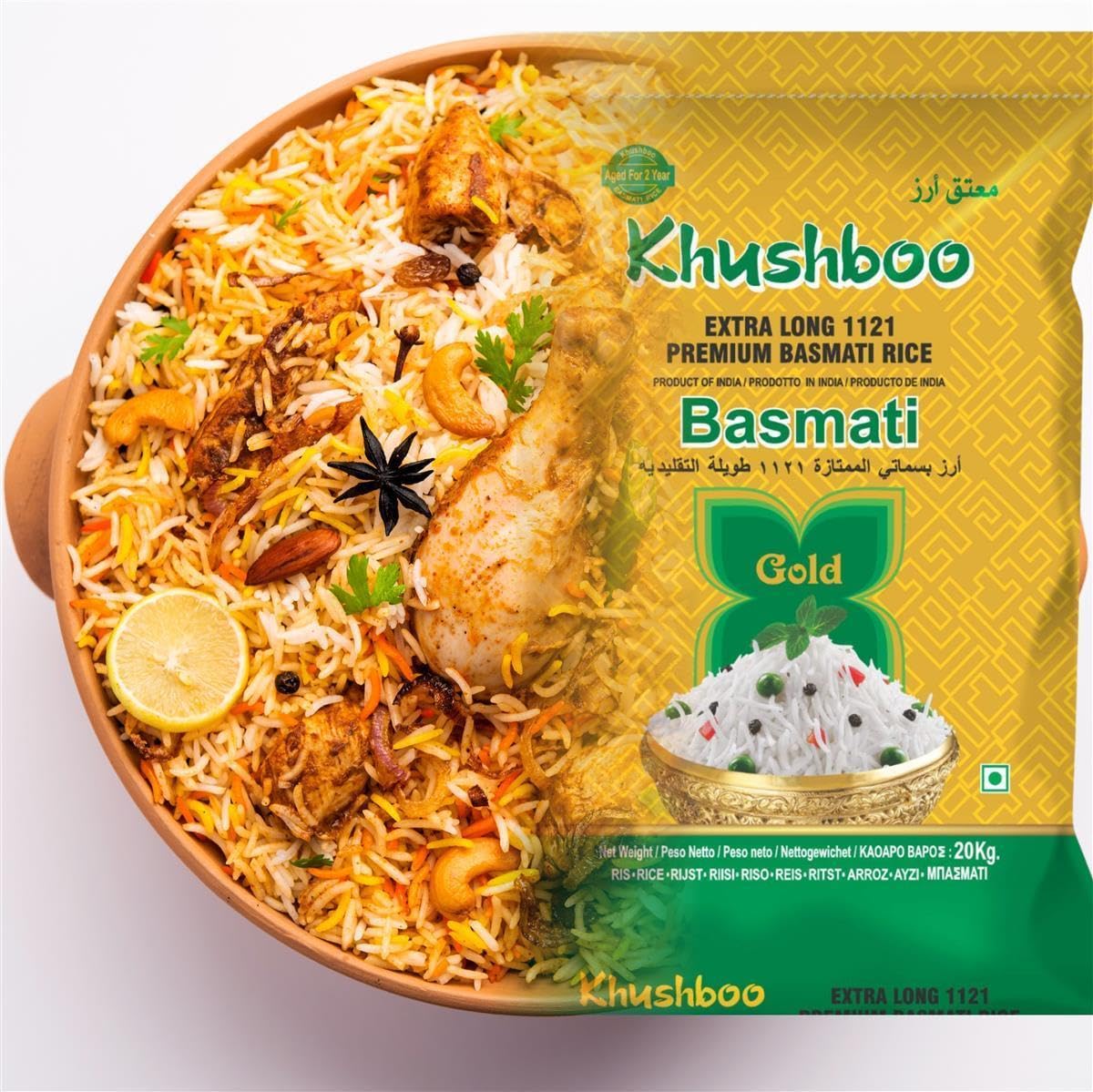 Khushboo Gold Premium 1121 Basmati Reis - 2x 20 kg - indischer Langkornduftreis - ohne Zusätze & höchste Qualität - ideal für Reisgerichte mit Relish & Chutney - angebaut in der Himalaya Region