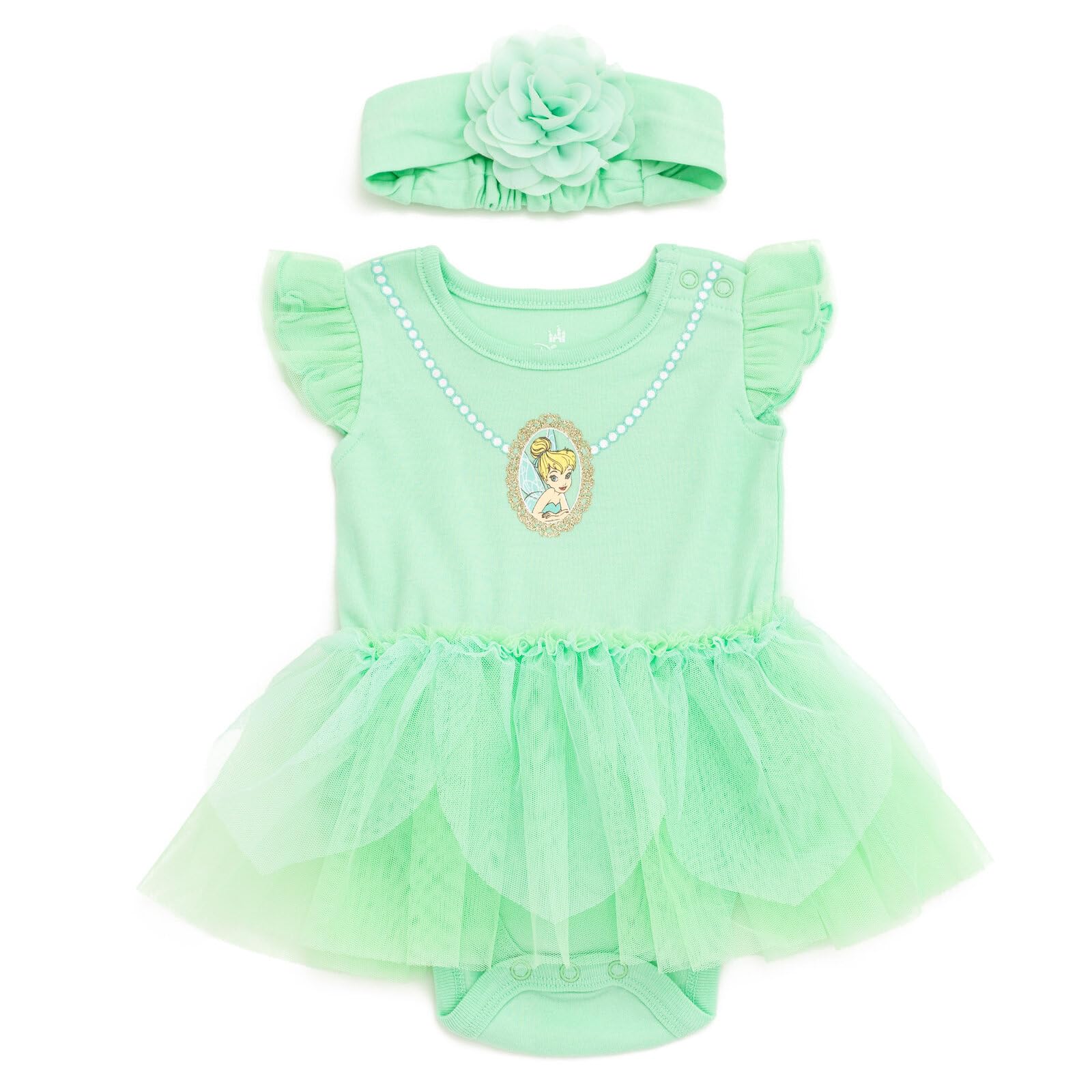 Disney Princess Baby Girl Cosplay Bodysuit with Skirt Overlay & Headband Outfit Set Newborn to Infant Sizes (0-24 Months), Spring Green, Tinker Bell, 6-9 Months