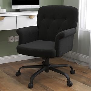 Comfy Home Office Desk Chair, Upholstered Fuzzy Vanity Chair with Wheels and Arms, Adjustable Height 360° Swivel Computer Seat for Living Room, Bedroom, Makeup, Teddy Fleece, Black