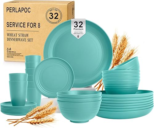 Miniatura 24 de Juego de vajilla de paja de trigo, 40 piezas, servicio para 8, juegos de platos y tazones, juego de platos irrompibles, platos llanos, platos de