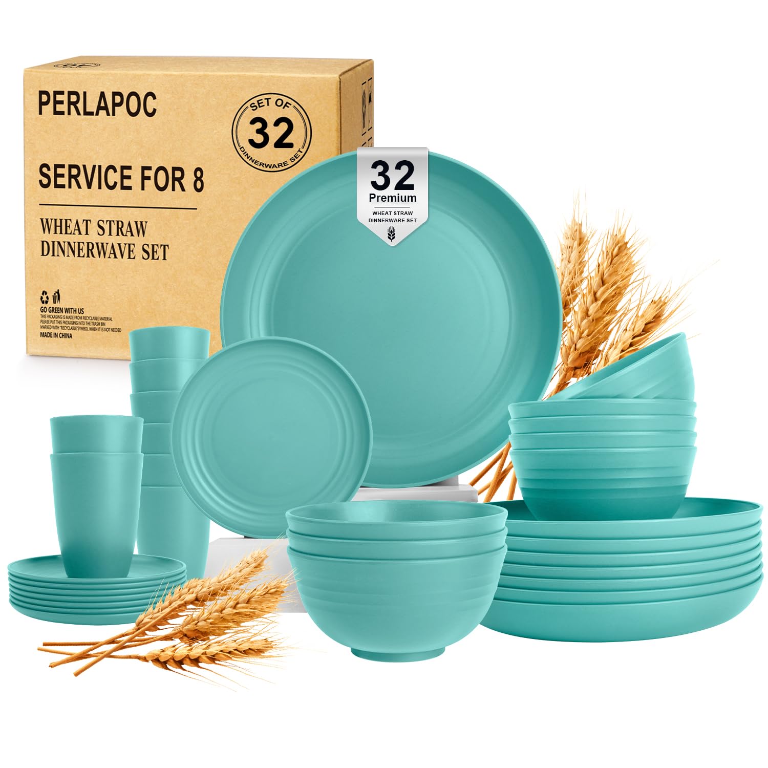 Wheat Straw Dinnerware Sets, 32 PCS Dishes Set for 8, Unbreakable Plates and Bowls Sets, Microwave Safe Dinnerware Set for Kitchen Outdoor Camping RV - Green