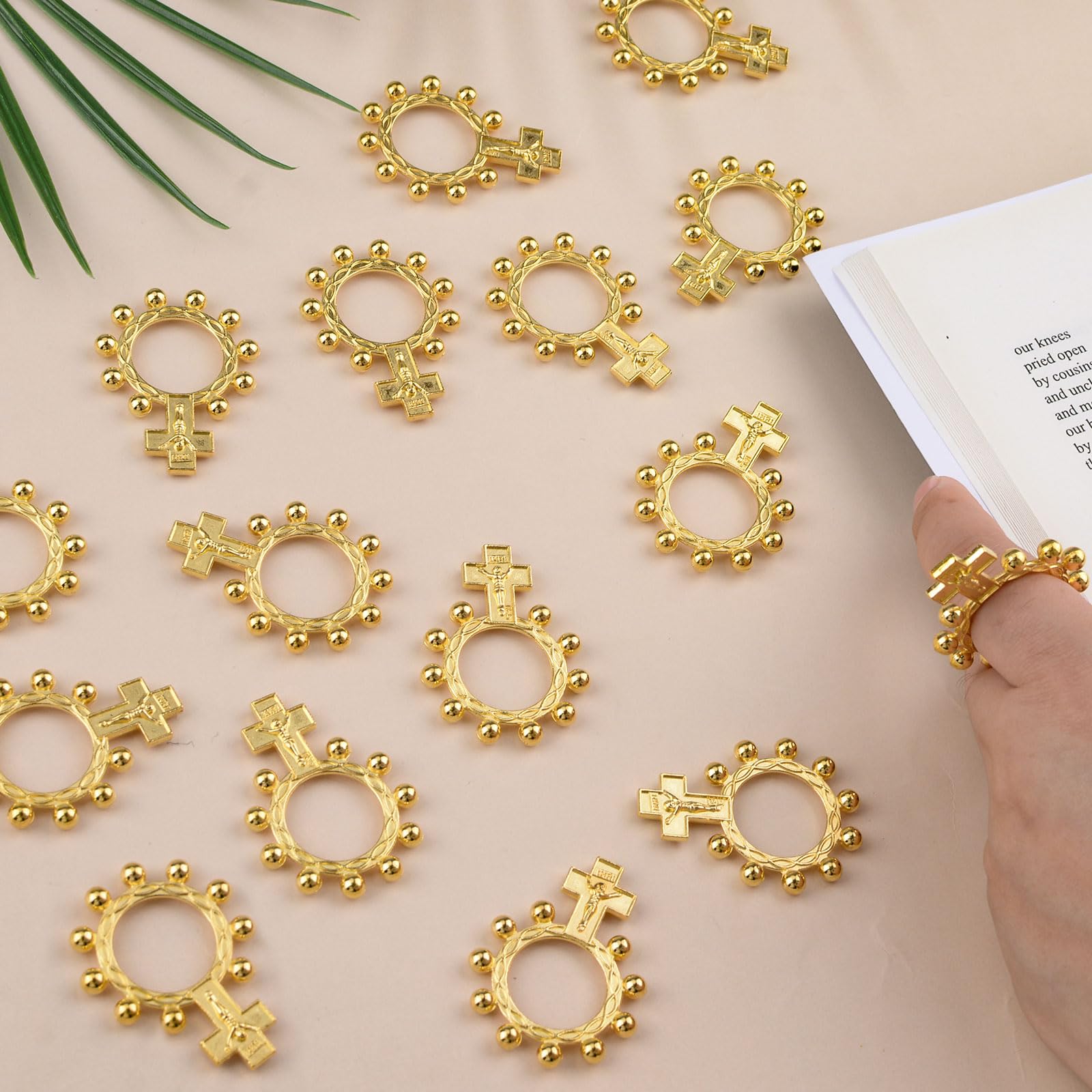 WANDIC 30 anillos de rosario de oro para hombres y mujeres, anillos de rosario de dedo católico con cruz, 30 piezas a granel para oración, regalos de bautizo, regalo religioso