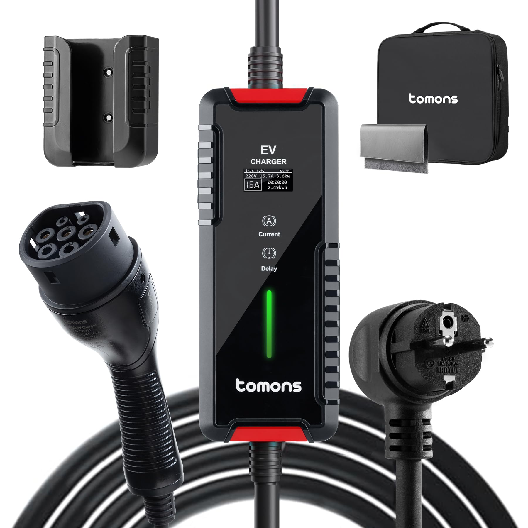 tomons Typ 2 Ladekabel Schuko 3,68 kW, Einphasig, 6-16A, 10M, EV Charger mit Steuerbarer Digitalanzeige und Verzögerungsfunktion