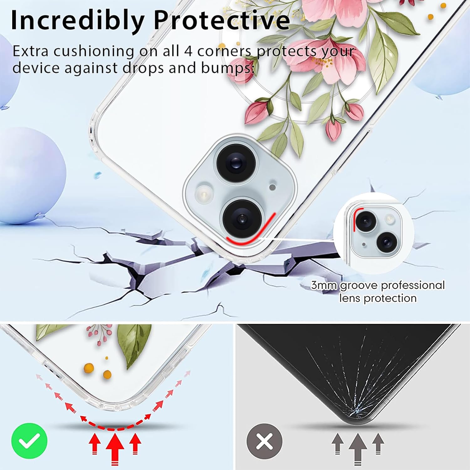 Aesthetic Magnetic Clear Phone Case for Apple iPhone 15 6,1",Compatible with MagSafe, Cute Flower Floral Print Pattern Shockproof Protective Cover for Women Girl, Fashion image 3