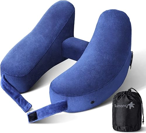Sunany Almohada de cuello para viaje, almohada inflable de avión que soporta cómodamente la cabeza, el cuello y la barbilla, almohada de viaje Azul