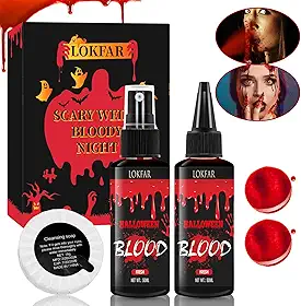 LOKFAR Kit De Maquiagem De Sangue Falso Para Halloween Com 3pç: Spray De Sangue Falso 50Ml + Sangue Escorrendo 50Ml + Sabonete De Limpeza. Sangue Falso Lavável Para Roupas, Rosto, Zumbi, Monstro