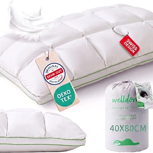 Welldora Premium Kopfkissen 40x80, 100% Daunenfasern & Federn, mittelfest