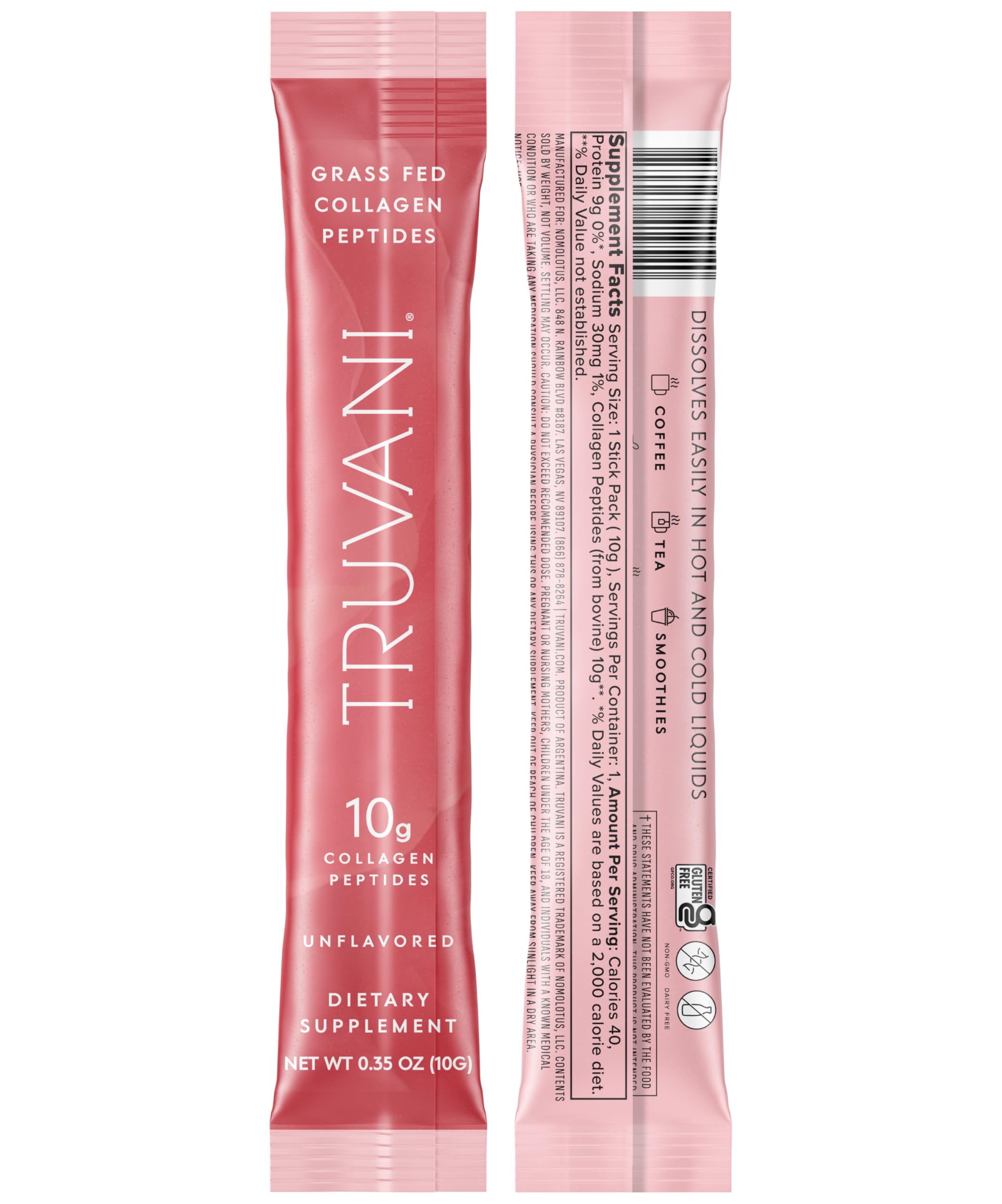 Truvani Hydrolyzed Collagen Peptides Unflavored 1 Serving 10g Grass-Fed Collagen Protein Powder Promotes Hair Nail Skin and Joint