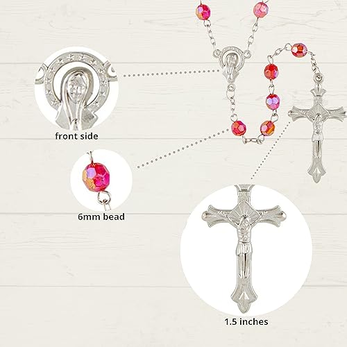 Vista 3 de Rosario rosa para mujer, cuentas de oración católica en tono plateado y bolsa de regalo de recuerdo religioso, collar de confirmación, centro