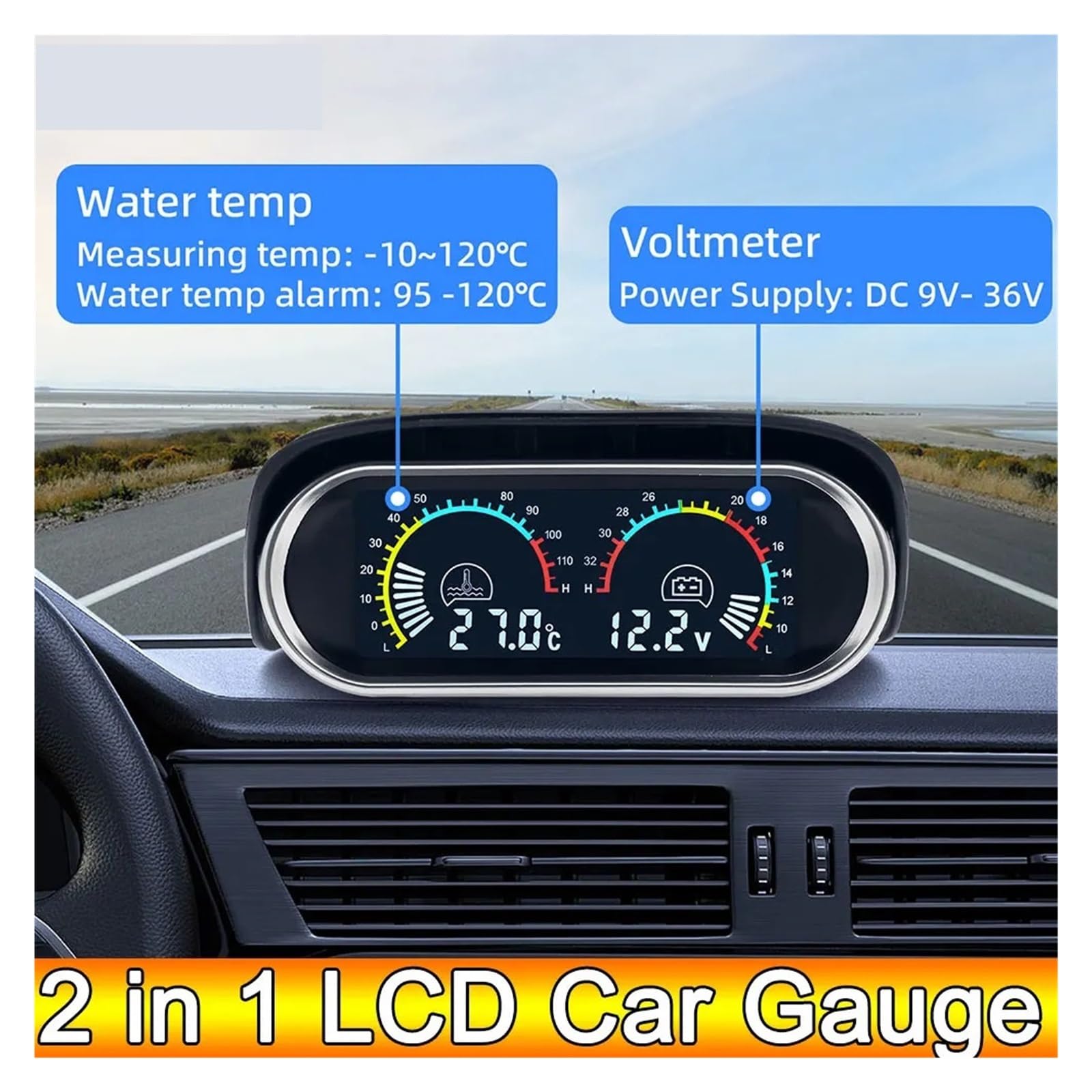 AD 2 En 1 LCD Indicador De Temperatura De Agua del Coche + Sensor De Temperatura del Agua 10mm Medidor Voltímetro Voltaje Digital Horizontal 12v 24v Accesorios