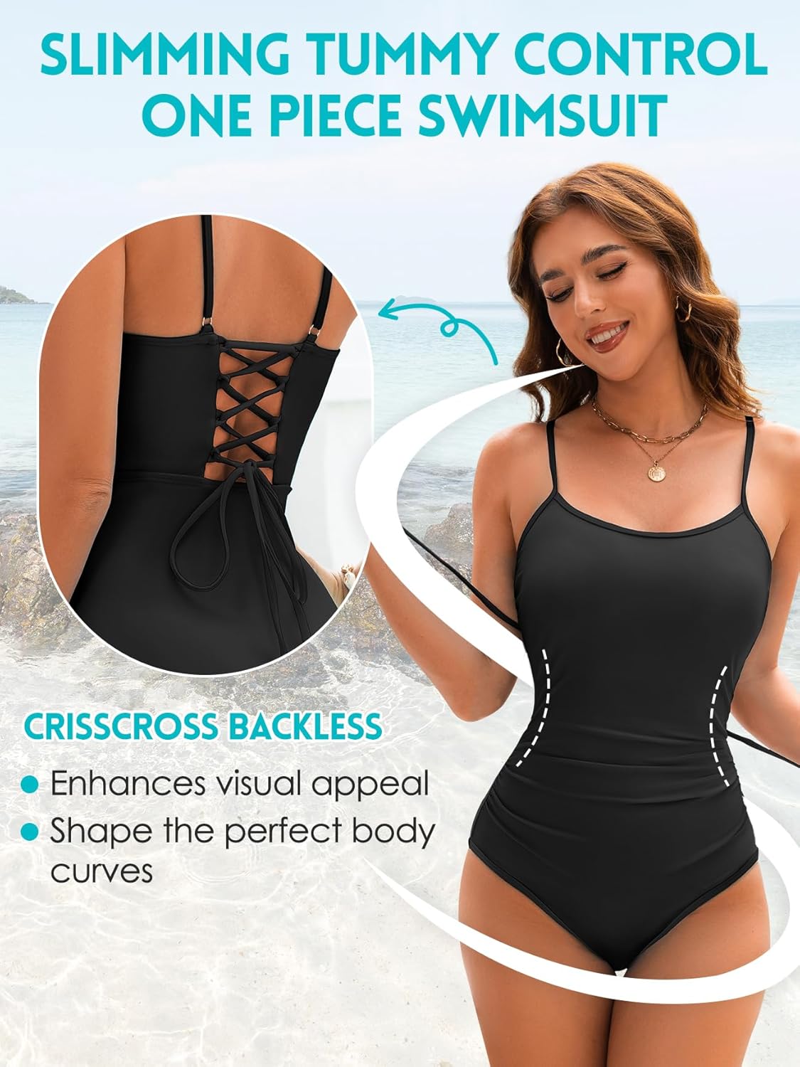 American Trends One Piece Swimsuit Tummy Control Color Block Slimming Bathing Suit Spaghetti Strap Lace Up Back Swimwear - Image 4