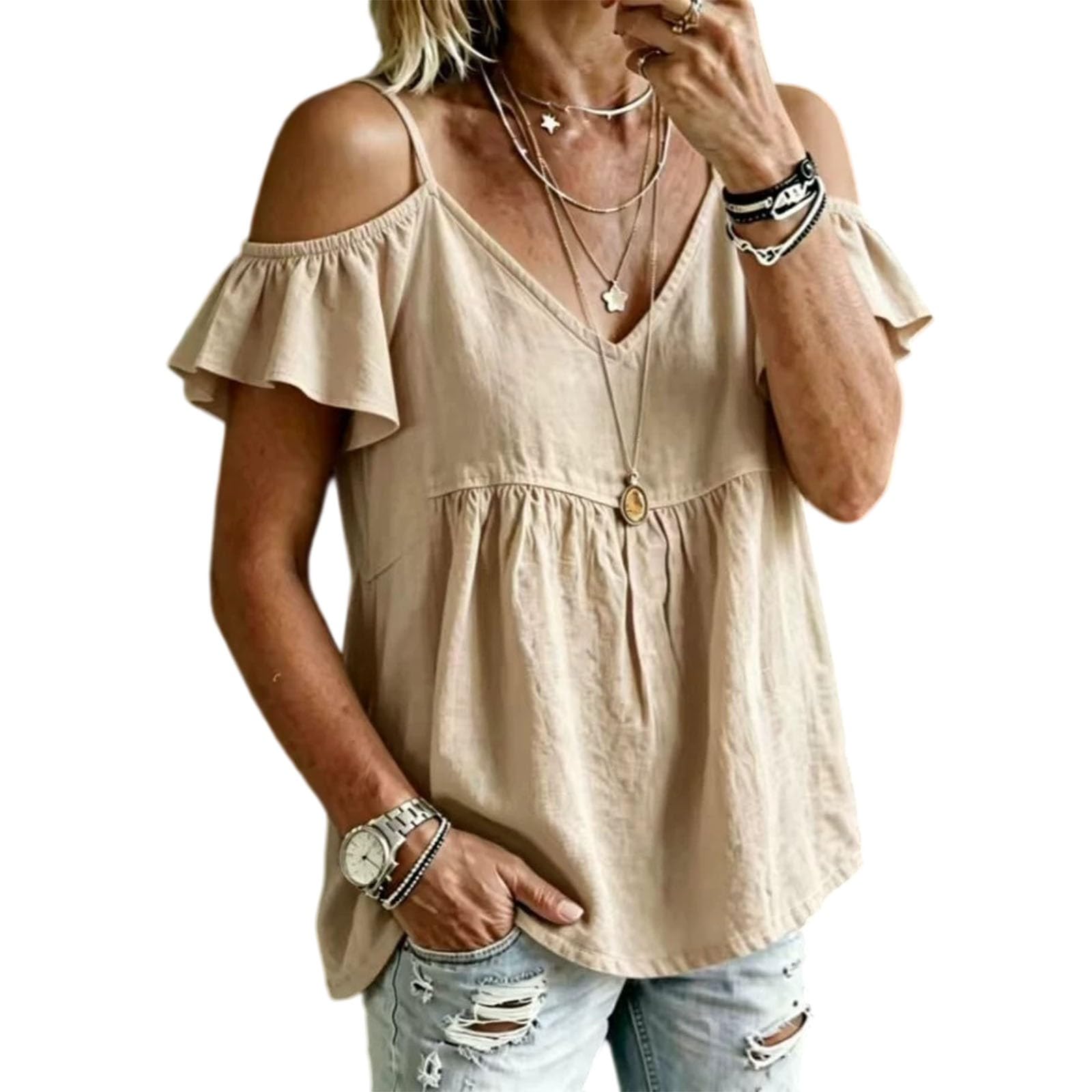 Off-Shoulder Top, V-Ausschnitt, Volantärmel | Lockerer Schnitt, Raffung, Baumwolle Leinen - Lässige Sommerbluse für Freizeit