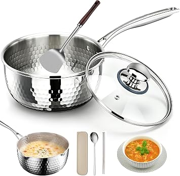 Pure Titanium Saucepan with Lid, No Coating Non Stick Hammered Titanium Pot with Dual Pour Spouts, Fast Even Heating Sauce Pan for Soup, Sauce, Milk, Compatible with All Cooktops With Lid,7.1in