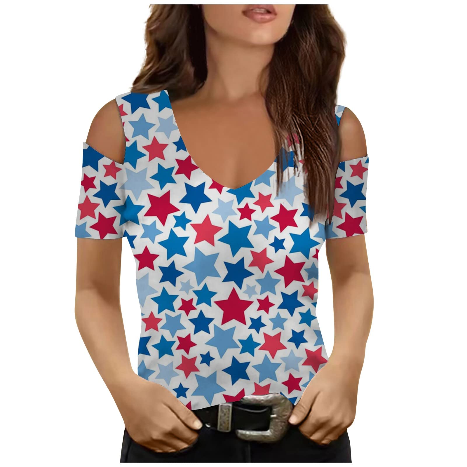Women's Short Sleeve Shirt Independence Day Printed Strapless V Neck T-Shirt Casual Tops