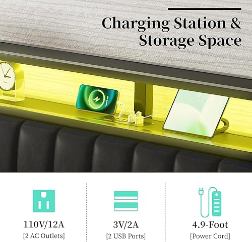 Miniatura 32 de Base de cama de tamaño matrimonial, plataforma LED con cabecera de piel sintética, estación de carga, espacio de almacenamiento de 2 niveles, no