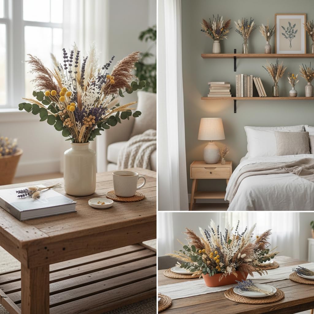 500PCS Dried Pampas Grass Bouquet – Boho Dried Flowers for Vase, White & Brown Pampas, Bunny Tails, Wheat & Lavender – Natural Floral Decor for Boho Home, Wedding, Baby Shower & Photoshoot Props