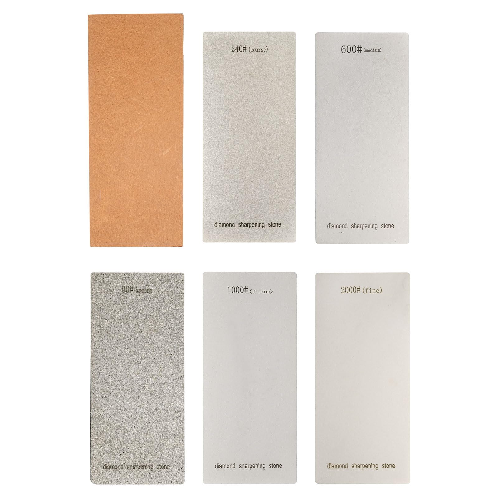 sourcing map 6pcs Diamond Sharpening Stone Set 80/240/600/1000/2000 Grit Double-Sided Knife Sharpening Stone with Leather Strop Surface Plate for Knives Scissors Kitchen Tools, Silver Tone