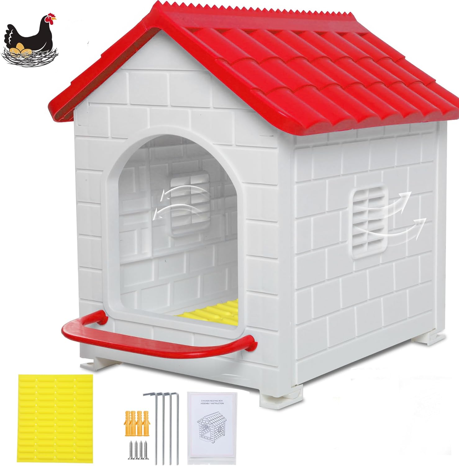 Chicken Nesting Box, 100% Waterproof Hens Nesting Box for Laying Eggs for Hens, Ducks and Poultry, Large Signle Compartment Chicken Nesting Boxs Indoor & Outdoor (Red)