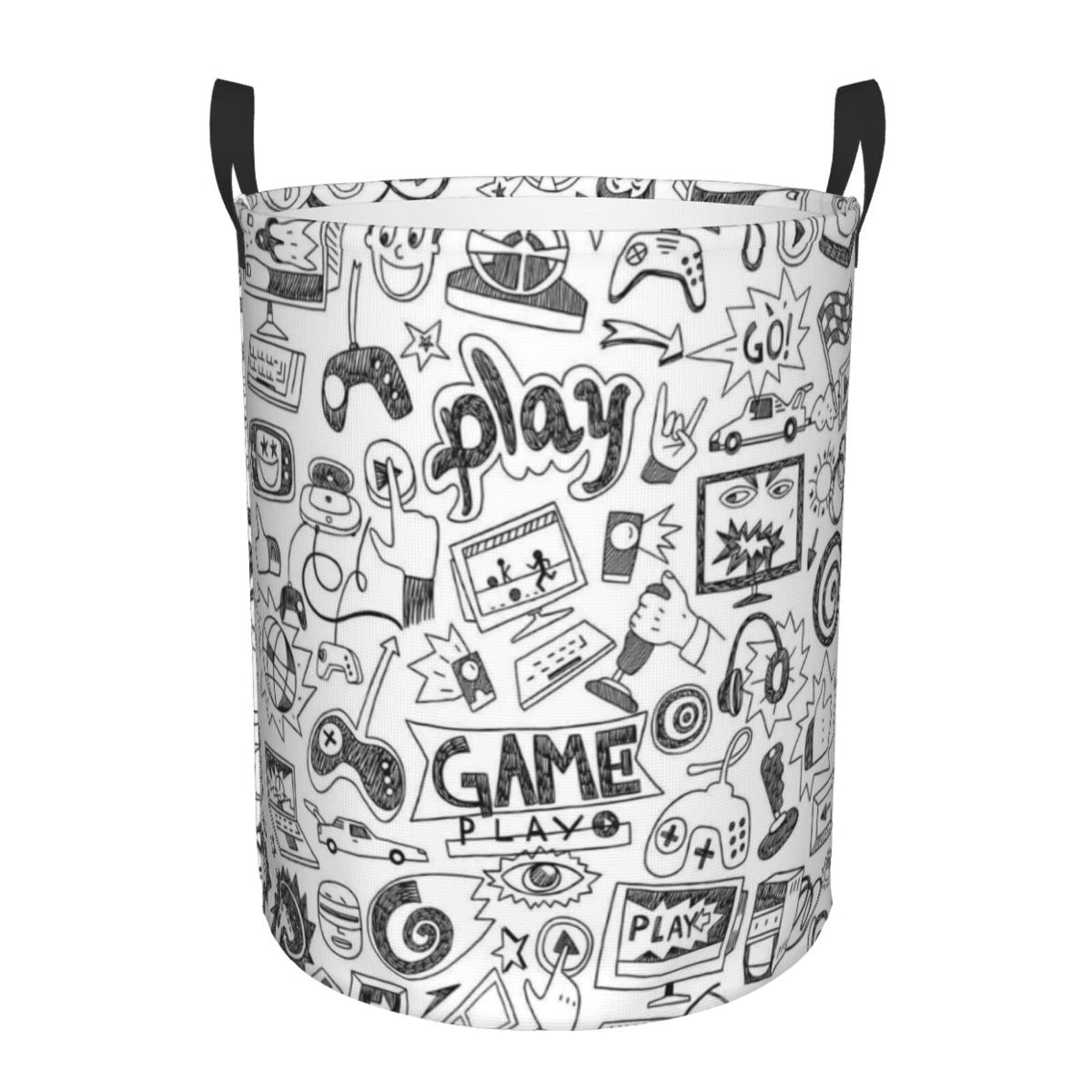 Esasam Black Monochrome Sketch Style Gaming Print Round Laundry Basket With Handles Waterproof Laundry Hamper For Bathroom Circular Storage Basket