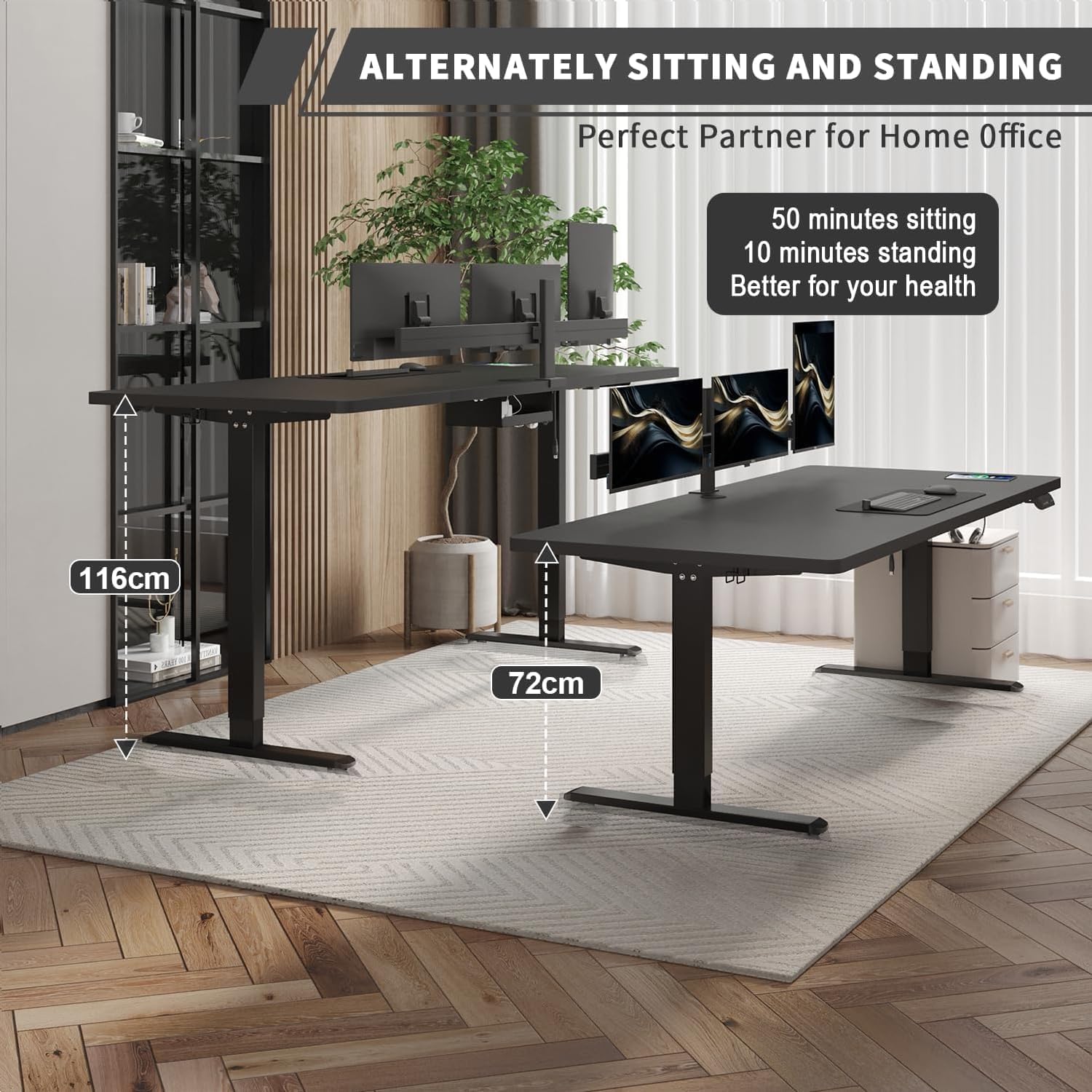 JUMMICO Höhenverstellbarer Schreibtisch 180 x 80 cm mit Kabelwanne, Höhenverstellbar Elektrisch Stehpult mit USB-Buchse, Computertisch, Ergonomischer Steh-Sitz Tisch, Bürotisch, Schwarz