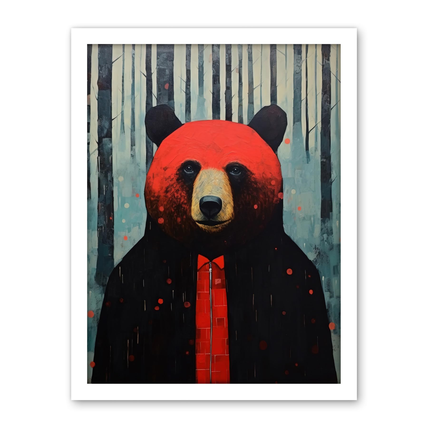 Artery8 Hipster Red Bear Artwork Oil Painting Black Blue Artwork Forest Trees Artwork Framed Wall Art Print 18X24 Inch