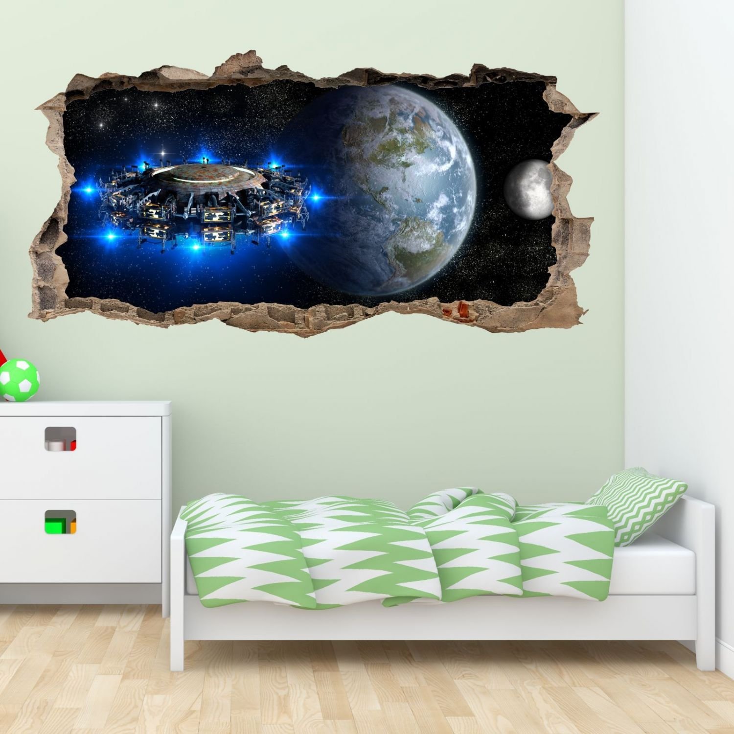 nikima – 067 Adesivo da parete con nave spaziale alieno – foro nella parete – Stazione spaziale del mondo galassia – in 6 misure – Adesivo da parete per cameretta bambini, Multicolore, 2000 x 1000 mm