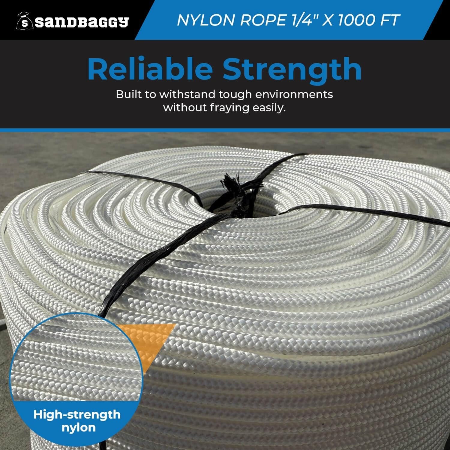Solid Braid Nylon Rope 1/4" x 1000 ft White | Golf Course Rope & Outdoor Use (1/4" x1000ft, 1, Count)
