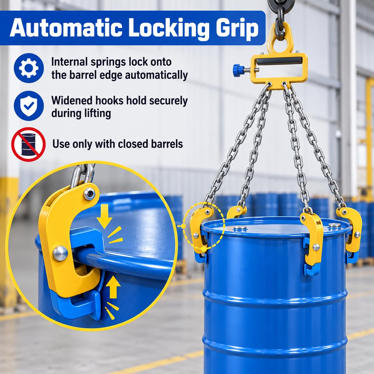 Sollevatore a catena con pinza per tamburi per fusti da 55 galloni