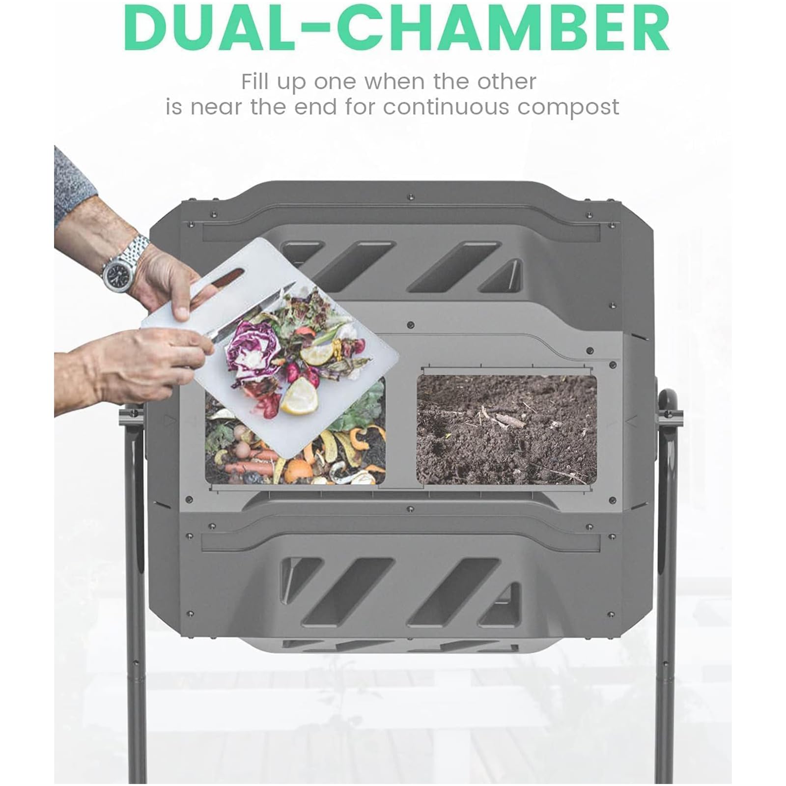 SQUEEZE master Contenedor de abono giratorio de doble cámara de 160 litros, compostador de jardín giratorio resistente, compostaje más rápido con mejor circulación de aire, vaso de compost giratorio