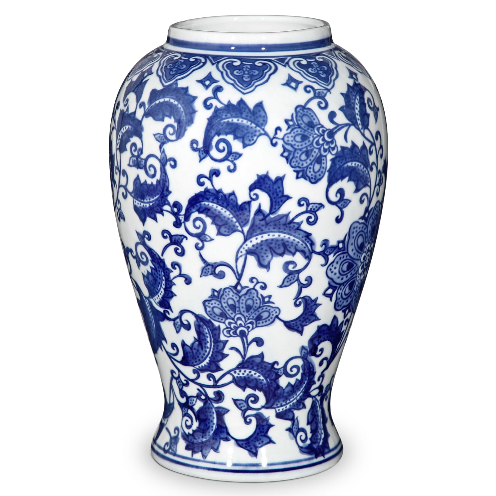 Vase à fleurs bleu et blanc style chinoiserie pour étagère et table