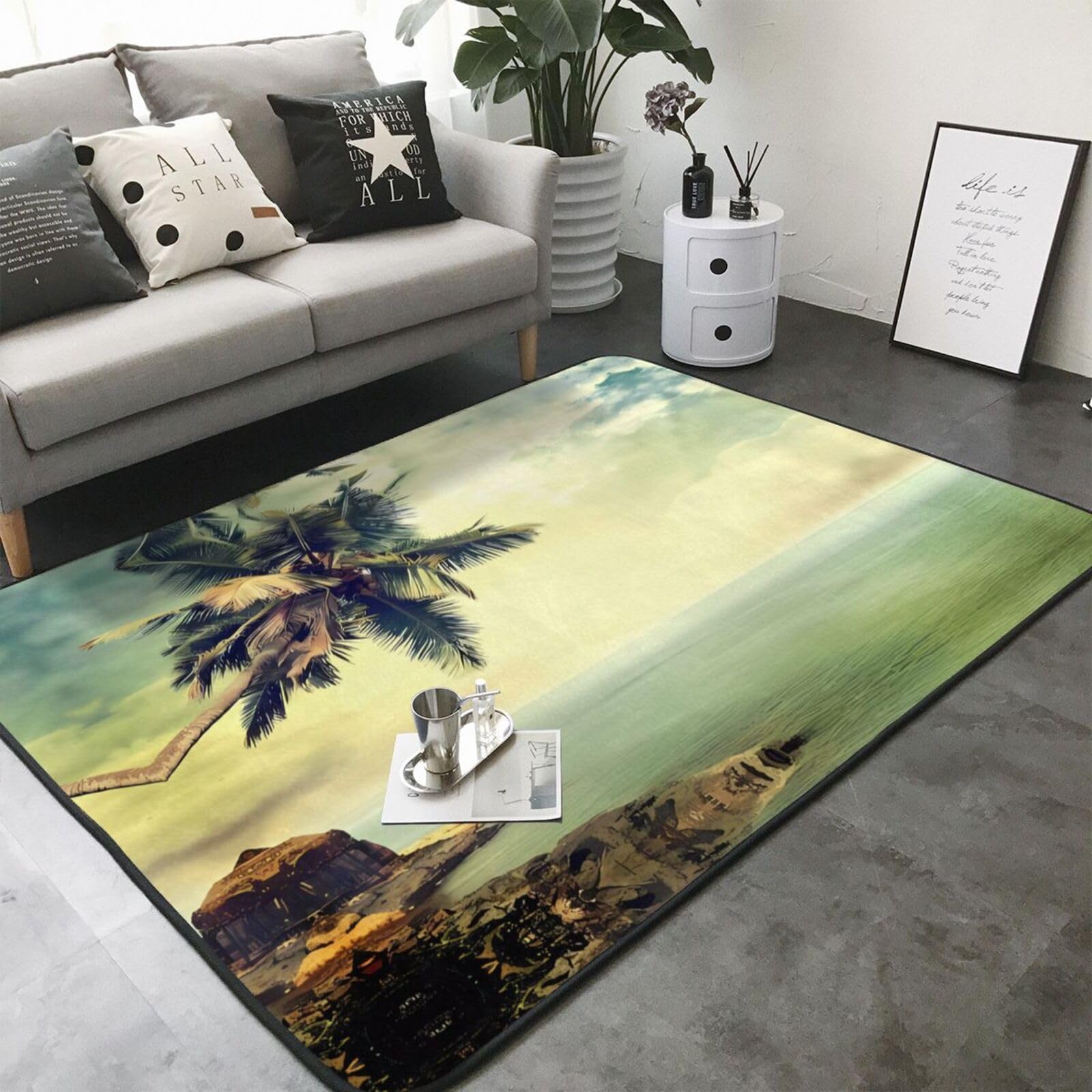 Tapis de sol antidérapant en peluche avec imprimé palmier et rivage rocheux 203,2 x 147,3 cm – Confort bien conçu pour votre oasis d'intérieur