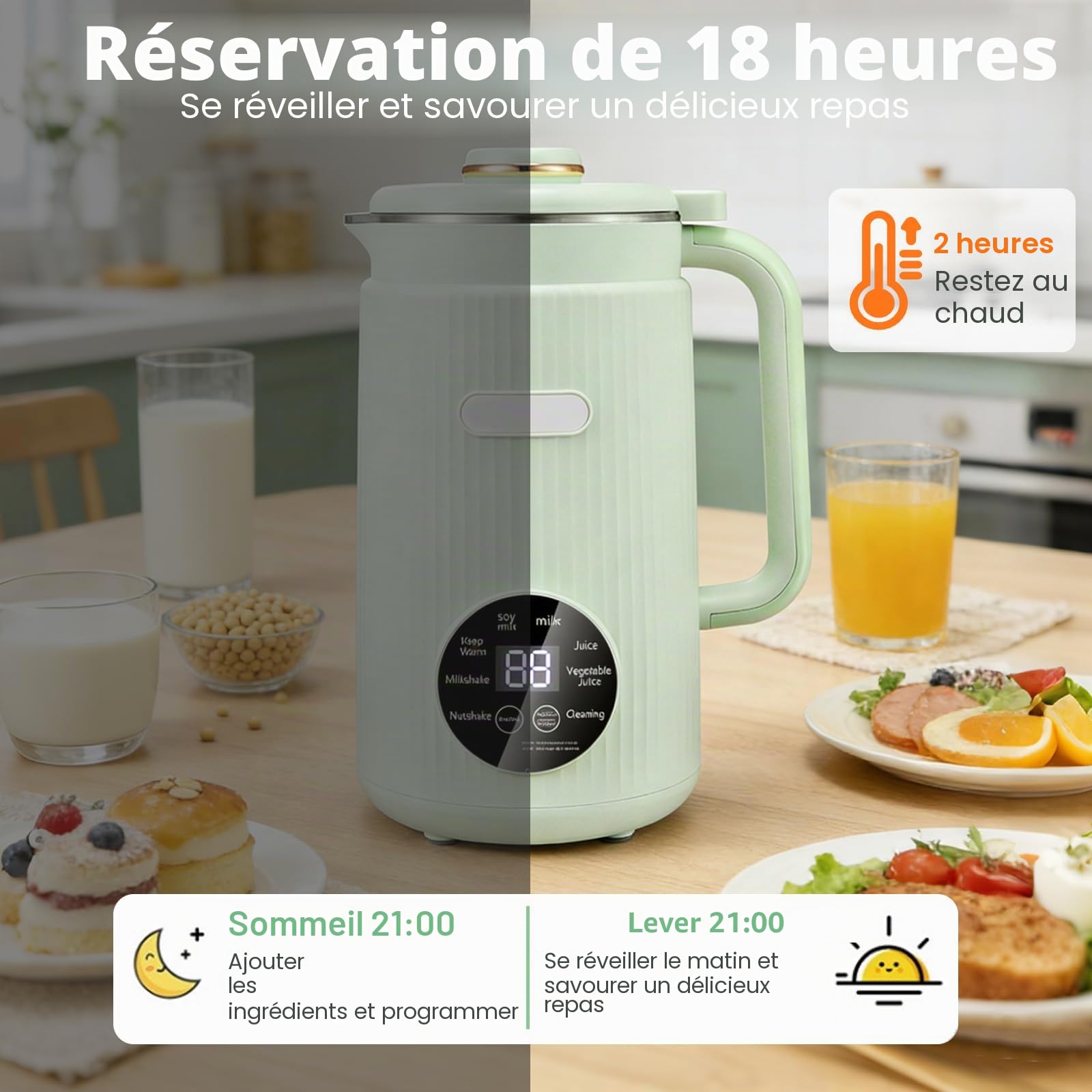 Machine à lait de soja 8 en 1 - 1200 ml - Machine à lait d'amande automatique avec 12 lames pour lait végétal fait maison, avoine, soja - 12 lames avec minuterie, fonction de maintien au chaud (vert)