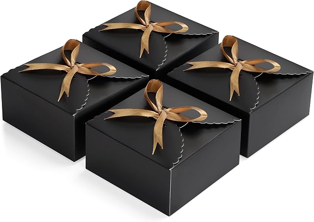 BELLE VOUS Black Scalloped Kraft Paper Square Gift Boxes with Gold Ribbon (50 Pack) - 12 x 12 x 6cm (4.72 x 4.72 x 2.36 inches) - Small Boxes for DIY Wedding and Party Gifts, Favours & Candy