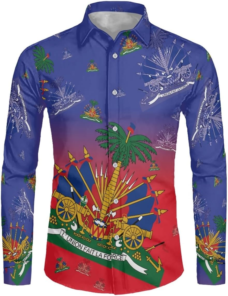 ENLACHIC Men's Polynesian Haitian Flag Print Long Sleeve Beach Hawaiian Shirt Button Down Dress Shirt
