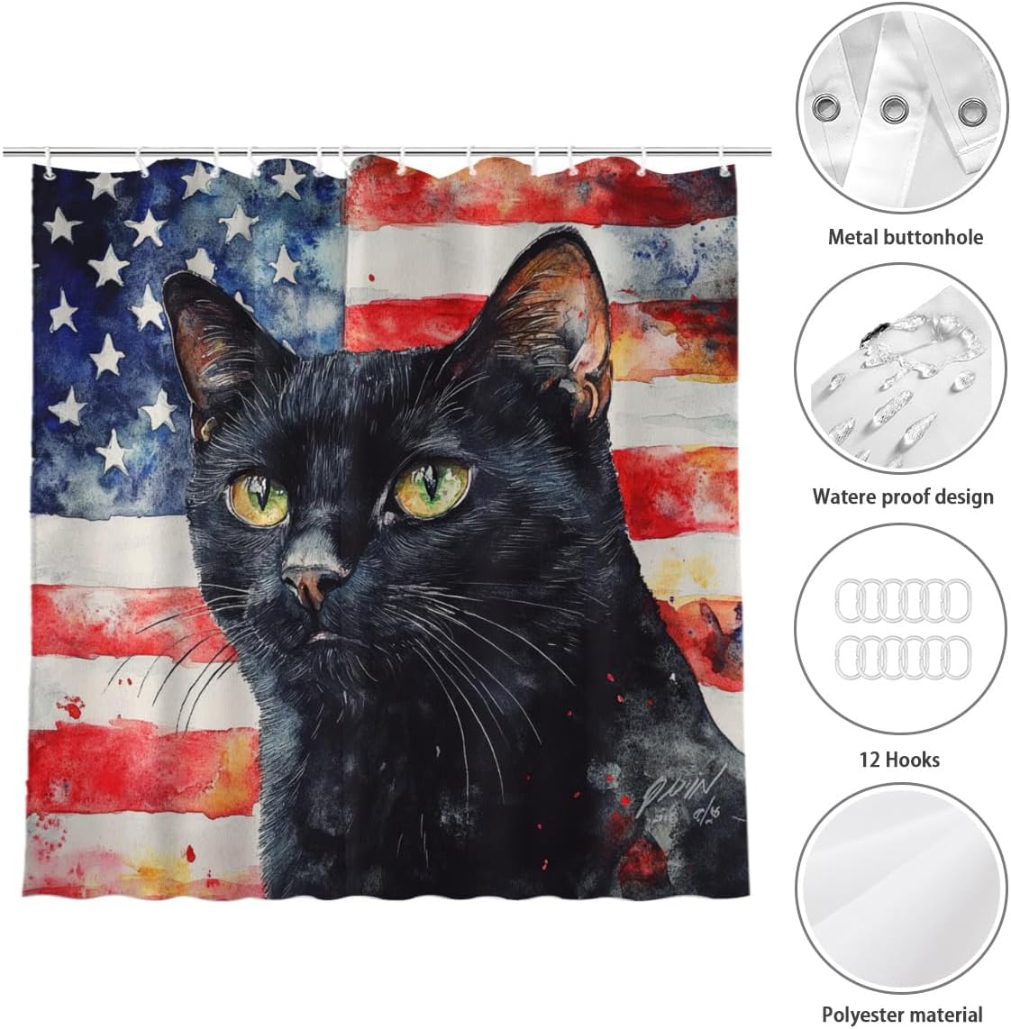 NGZ 4th of July Independence Day Black Cat Shower Curtain Set American Flag Patriotic Shower Curtain Waterproof Fabric Shower Curtain with 12 Hooks 72''x72''