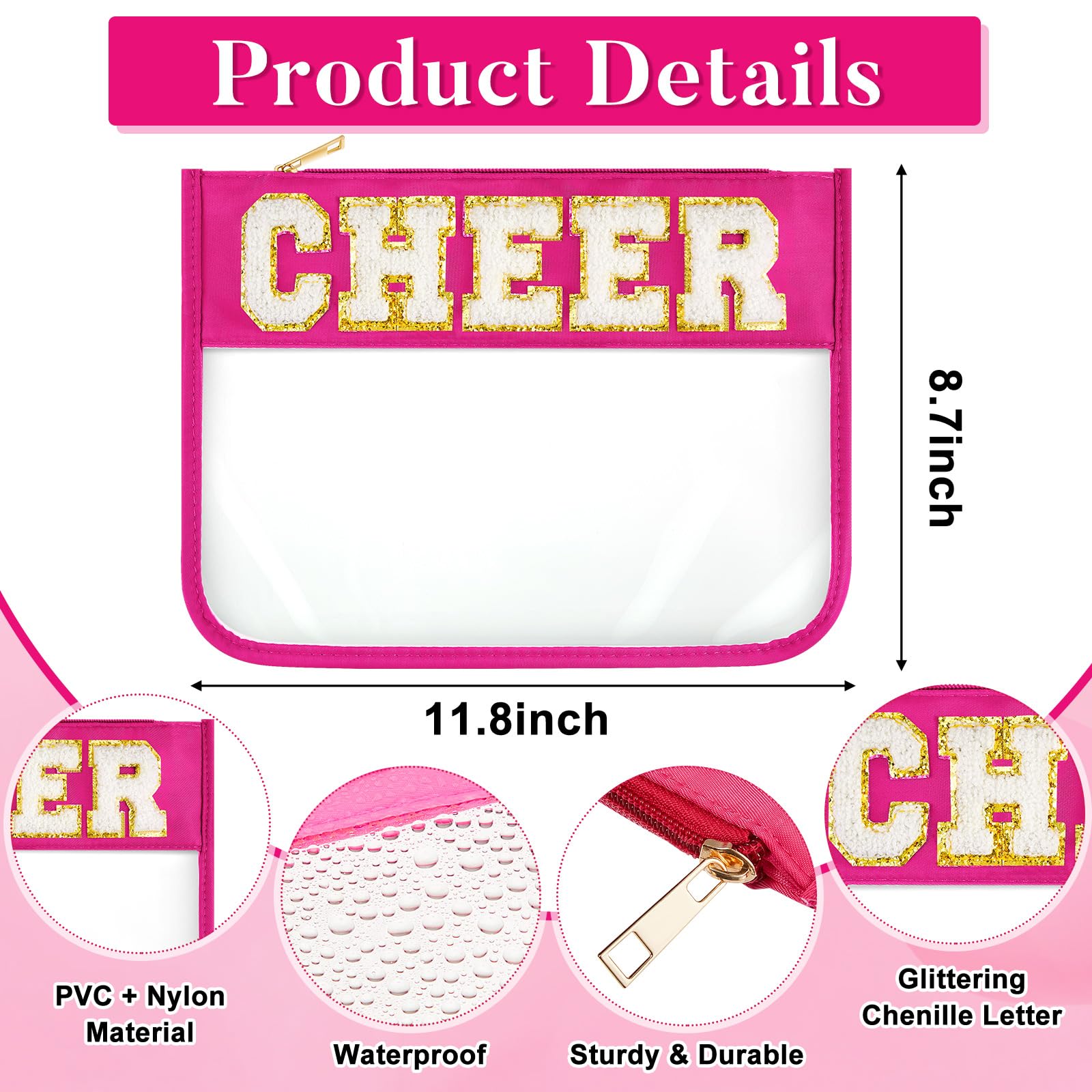 Aliceset 6 bolsas de chenilla con parche de letras preparadas para maquillaje, regalo para mujeres, impermeable, PVC, organizador de cosméticos, bolsa plana transparente portátil con cremallera