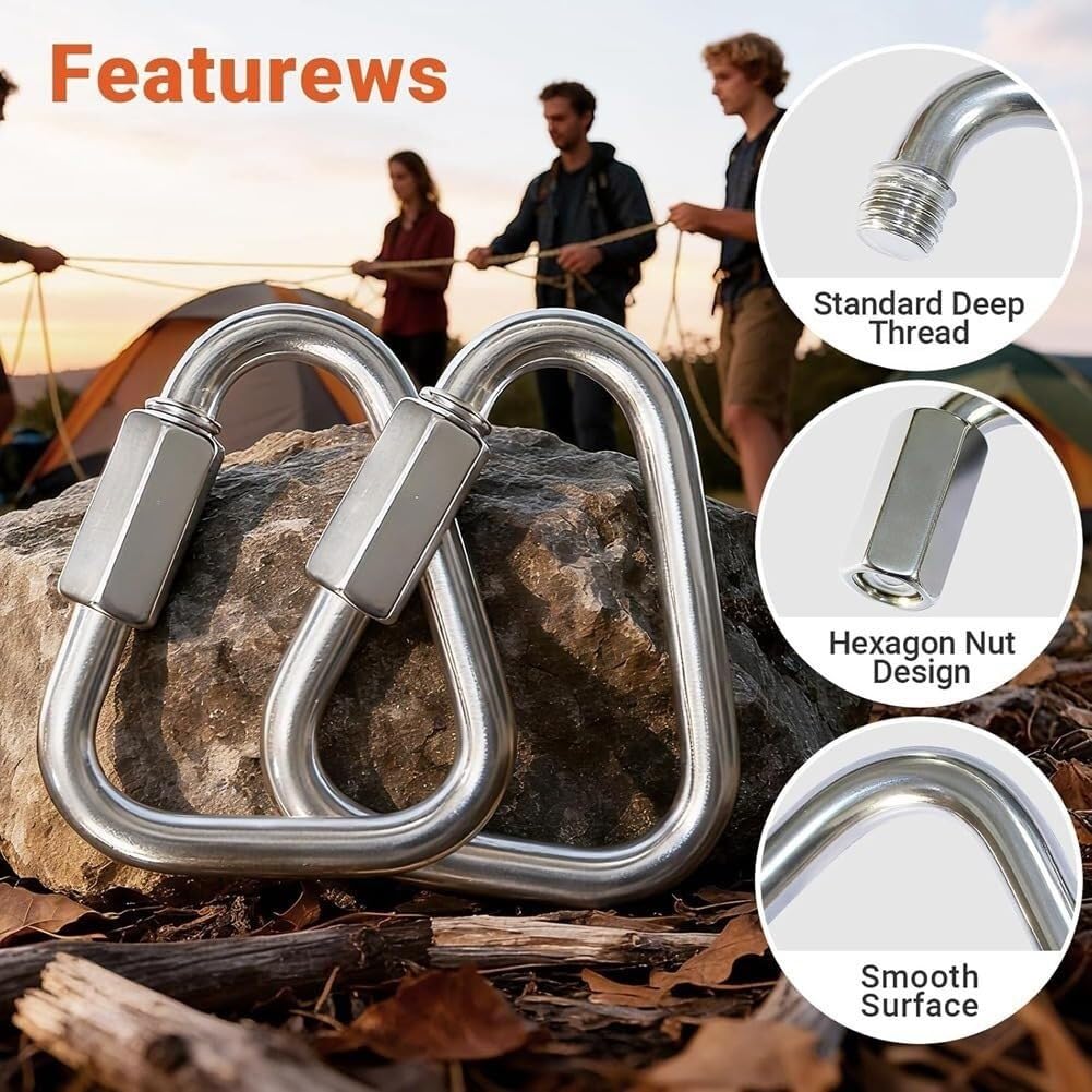 Mosquetón triangular resistente, eslabones rápidos de acero inoxidable 304, 8 unidades, conectores de cadena de bloqueo de tornillo para slackline, hamaca, columpio, camping, cuerda