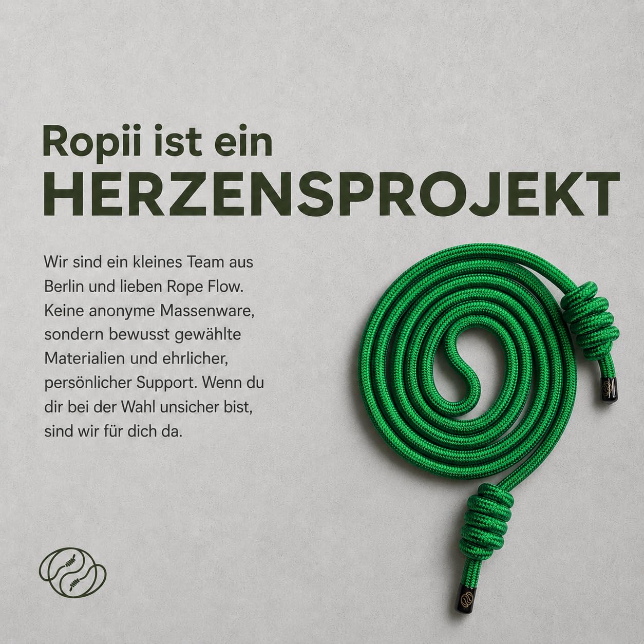 Ropii Rope Flow, corda ponderata in morbido poliestere per mobilità e coordinazione, annodata a mano, 3 pesi: circa 380 g, 500 g, 1 kg, progettata a Berlino