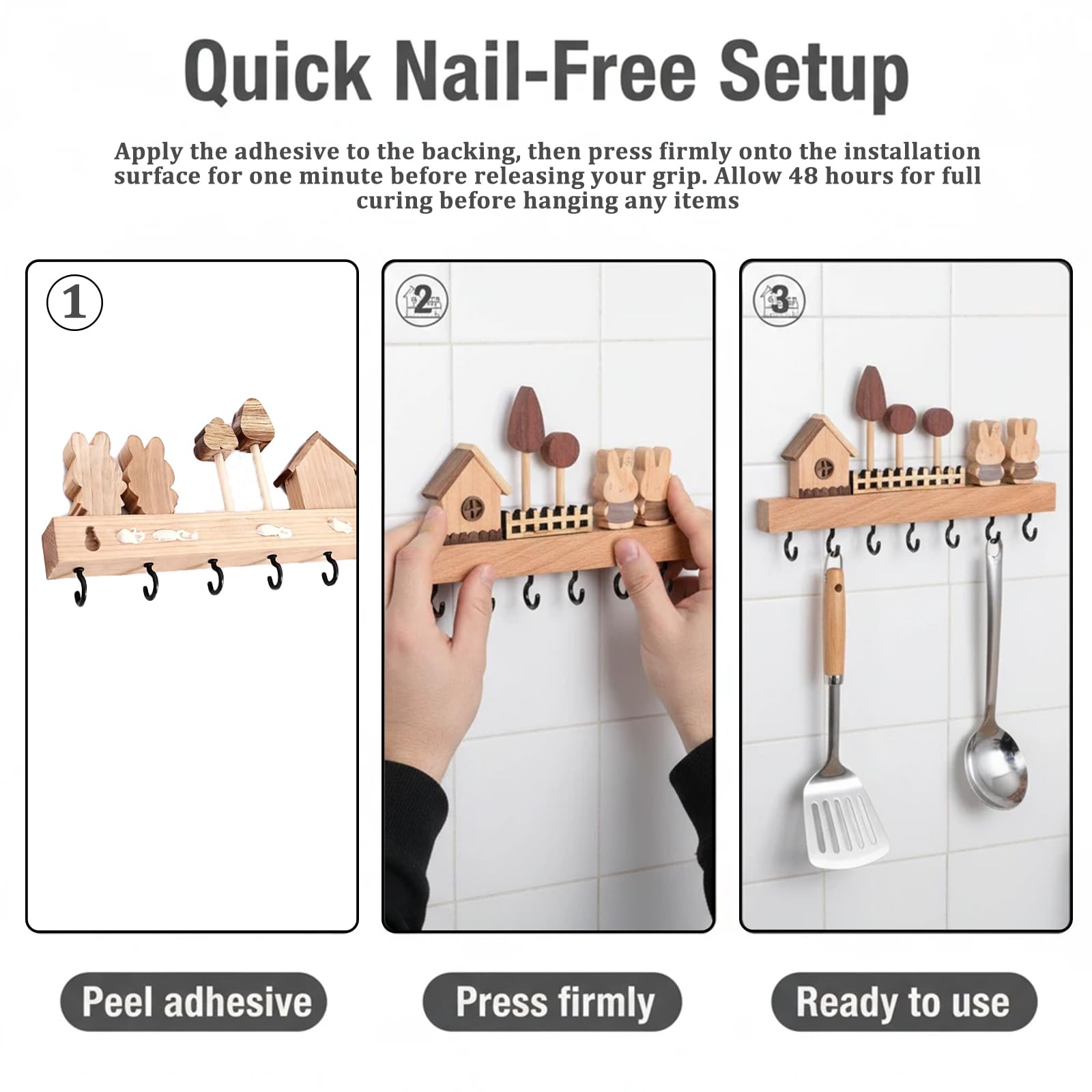Portachiavi da Parete In Legno con 6 Ganci Rivestiti, Appendi Chiavi a Muro e Funzionale, Installabile Senza Chiodi con Colla Adesiva o con Foratura, Ideale per Casa, Ufficio