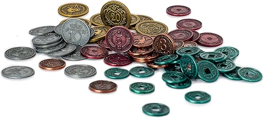 Stonemaier Games: Metal Coins (Scythe and Expeditions) | Metal Coins to Enhance Your Gameplay | 80 Coins with Unique Colors and Sides for Each Denomination - Values Include 1, 3, 5,10, and 20