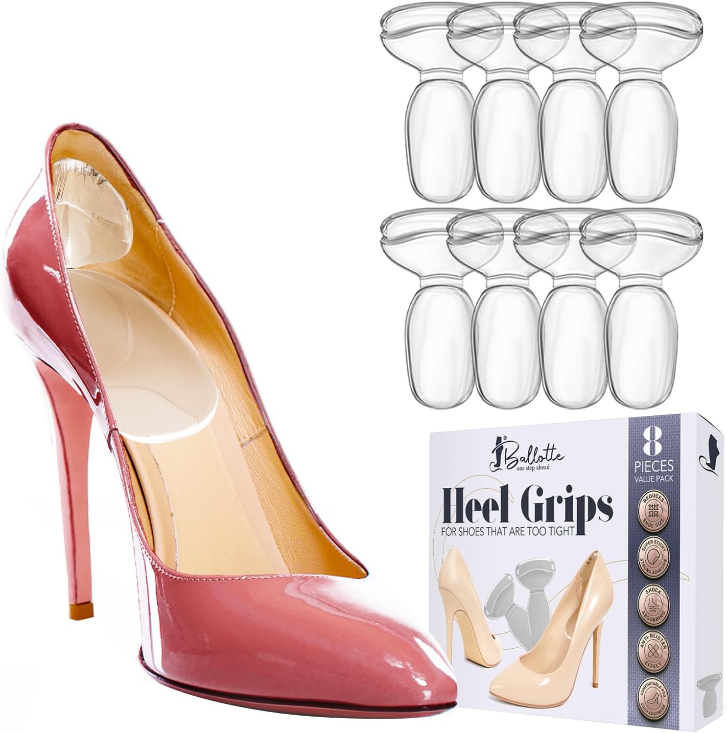Ballotte Premium Grade Silicone Heel Protector (Natural - 8 Pack) | Heel Grips/Heel Pads for Women Heels - Shoe Inserts for Shoes that are Too Big | High Heel Cushion Inserts Women