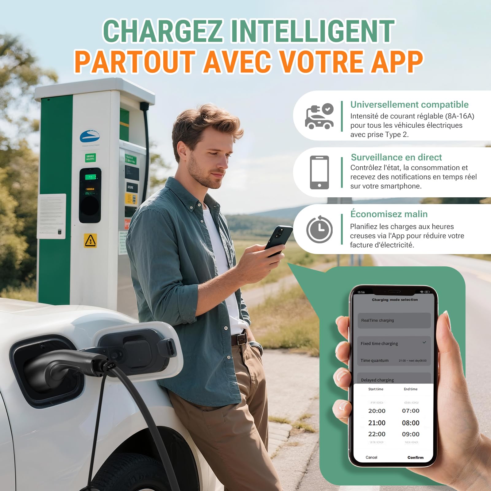 AIMILER Chargeur Voiture Electrique 11kW APP 8-16A 7,6M Borne de Recharge Véhicule Électrique Triphasé Numérique OLED IP66 avec Type 2 Compatible avec Support Mural avec Model 3/Y, EX30, et PHEVs