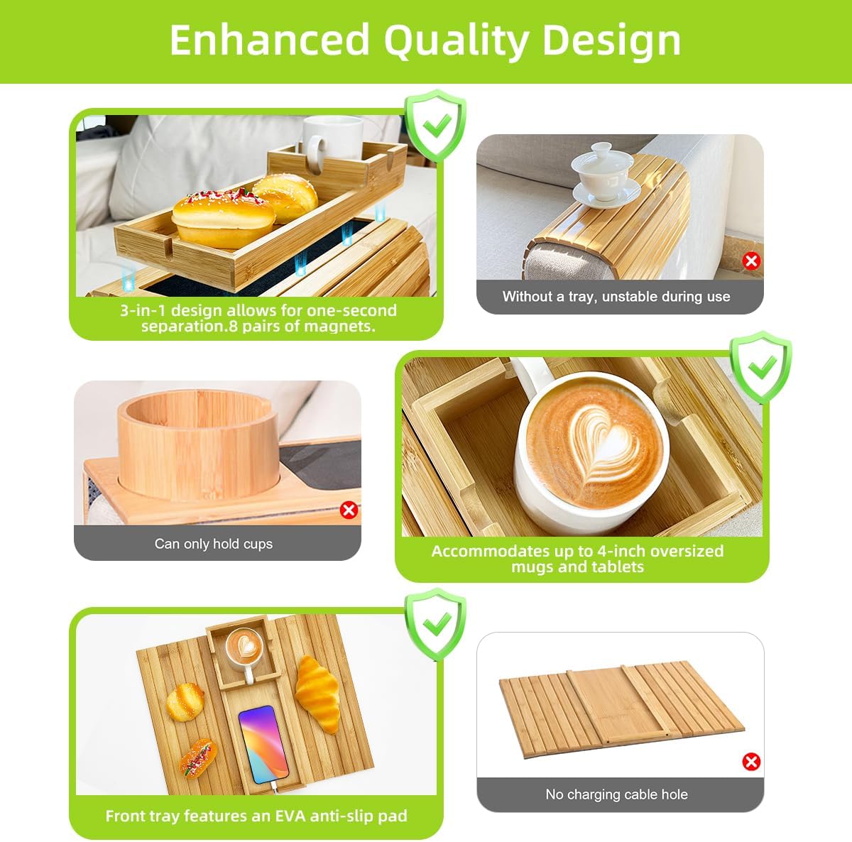 Bamboo Sofa Armrest Tray, 2 in 1 Magnetic Couch Cup Holder with Anti-Slip Back, Foldable Couch Arm Table for Remote, Cellphone, Drinks, Snacks
